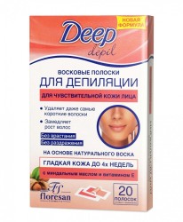 Восковые полоски для депиляции, Deep depil (Дип депил) 20 шт для чувствительной кожи лица Формула 432 с миндальным маслом и витамином Е